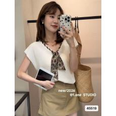 批发甜美风韩版V领短袖针织衫女夏季洋气领带装饰小个子<b class='q'>时尚</b>百搭上衣