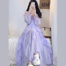 批发法式在逃公主晕染紫色气质荷叶<b class='q'>连衣裙</b>新款春夏季蝴蝶仙女显瘦长裙