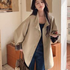 批发高级撞色风衣2025外套<b class='q'>春</b>秋出片宽松英伦新款大衣显瘦中长款外套女
