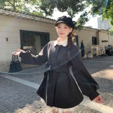 批发秋冬厚款毛呢连衣<b class='q'>裙</b>女<b class='q'>灯笼</b>袖圆领系带高级感小个子呢子外套大衣