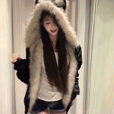 批发黑色麂皮毛领座山雕猫耳朵连帽外套男女冬季加绒加厚情侣棉衣棉服