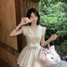 批发有货 杏色学院风旅游娃娃领连衣裙女学生公主裙