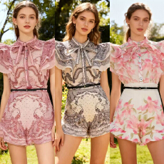 批发<b class='q'>欧美</b>法式新款立领荷叶边无袖上衣双层拼接短<b class='q'>裤</b>套装两件套4色