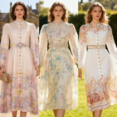 批发<b class='q'>欧美</b>英伦度假风天丝麻立领艺术纽扣长款<b class='q'>连衣裙</b>配吊带