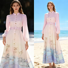 批发法式度假风沙滩系列2026早春新款天丝麻单排扣大裙摆长款连衣裙