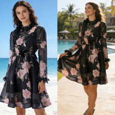 批发澳洲新款黑色天丝麻Natura山茶花图案立体小花朵长袖短款连衣裙