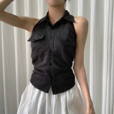 批发现一货   韩国chic<b class='q'>不规则</b>露腰条纹无袖衬衫开叉收腰绑带短款上衣