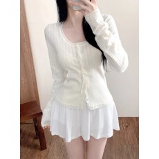 批发现一货   韩国chic新款U领镂空花边蝴蝶结小开衫收腰系带上衣女