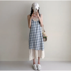批发已出货 <b class='q'>韩国</b>chic格纹吊带裙2026夏新款女假两件拼接<b class='q'>蕾丝</b>连衣裙