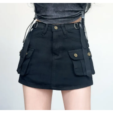 批发现一货  韩国chic<b class='q'>工装</b>牛仔短裤女高腰修身腰带装饰设计感口袋热裤