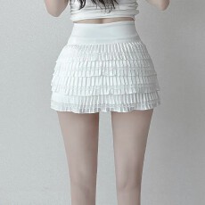 批发韩系白色甜美辣妹蕾丝短裙感显女夏新款高腰褶皱<b class='q'>百搭</b>蛋糕半身裙
