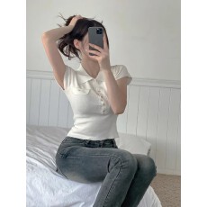 批发现一货   <b class='q'>韩国</b>chic新款POLO领针织短袖女t恤正肩气质修身短款<b class='q'>上衣</b>