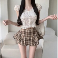 批发现一货   <b class='q'>韩国</b>chic格子半身裙女夏季新款高腰显瘦a字型荷叶边短裙