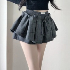 批发现大货 韩国chic秋季设计感系带格子A字半身裙女百搭休闲短裙
