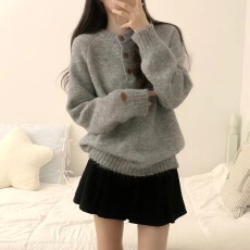 批发现大货   韩国chic针织衫毛绒感套头毛衣秋冬宽松慵懒风针织上衣