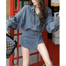 批发现大货   <b class='q'>韩国</b>chic复古Polo领牛仔外套女不规则A字半身裙两件套