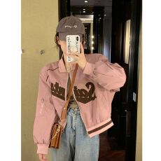 批发秋冬2025新款时尚休闲字母刺绣拼接棒球服宽松立领夹克外套女<b class='q'>装</b>潮