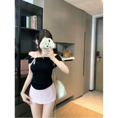 批发一字领露肩黑色<b class='q'>短袖</b>T恤女夏季新款蝴蝶结设计感修身气质上衣