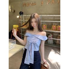 批发酷丝棉 法式蓝色条纹一字肩衬衫女装<b class='q'>夏季</b>设计感系带衬衣绝美小衫