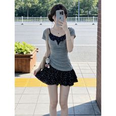 批发两件套 甜辣少女休闲<b class='q'>运动服</b>套装女夏季收腰短袖碎花吊带<b class='q'>连衣裙</b>