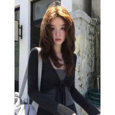 批发人棉两件套 灰色<b class='q'>吊带</b>叠穿黑色长袖T恤女2026<b class='q'>新款</b>秋季修身显瘦上衣