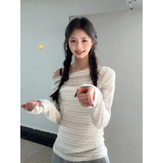 批发广州面料 韩系斜<b class='q'>露肩</b>设计感条纹罩衫女秋季新款长袖防晒小上衣