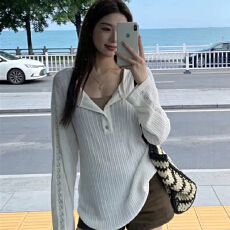 批发原版提花 韩系小众设计感翻领防晒罩衫<b class='q'>长袖</b>t恤女宽松款显瘦上衣