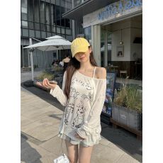 批发竹节罗纹 慵懒风卡通印花薄款<b class='q'>长袖</b>T恤女秋季新款斜肩防晒罩衫上衣
