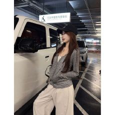 批发莱赛尔条纹 慵懒风条纹拉链<b class='q'>长袖</b>连帽开衫外套女秋新防晒罩衫上衣