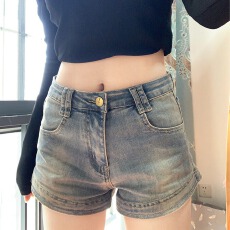 批发美式复古卷边<b class='q'>牛仔</b><b class='q'>短裤</b>女夏季<b class='q'>高腰</b>弹力显瘦不漏屁股a字包臀热裤子