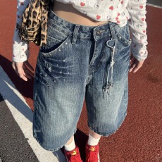 批发美式复古宽松<b class='q'>镶钻</b>竹节纹牛仔七分裤女夏季高街短裤潮