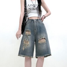 批发现一货 <b class='q'>韩国</b>chic美式高街破洞五分嘻哈中性欧美vibe风直筒<b class='q'>牛仔裤</b>