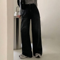 批发现一货 <b class='q'>韩国</b>chic黑色加绒宽松阔腿牛仔2026新款窄版垂感直筒裤子
