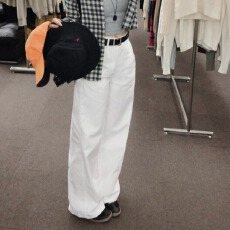 批发现一货 <b class='q'>韩国</b>chic高腰拖地白色牛仔女春夏宽松时尚小众阔腿长裤子