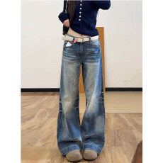 批发美式高街阔腿<b class='q'>牛仔裤</b><b class='q'>女童</b>早<b class='q'>春</b>新款设计感水洗宽松显瘦垂感直筒长裤