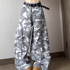 批发现一货 韩国chic美式复古迷彩弯刀工装<b class='q'>牛仔裤</b>宽松<b class='q'>直筒</b>拖地阔腿<b class='q'>裤</b>