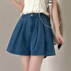 批发现一货   韩chic美式复古<b class='q'>高腰</b>百褶<b class='q'>牛仔</b>半身裙裤显瘦蓝色a字<b class='q'>短裤</b>子