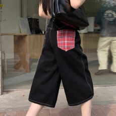 批发现一货 韩chic美式复古格子拼接<b class='q'>牛仔裤</b>女<b class='q'>时尚</b>炸街宽松休闲百搭裤