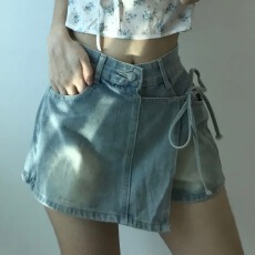 批发现一货   韩chic假两件<b class='q'>牛仔</b>短裤女夏季高腰显瘦a字包臀半身裙裤