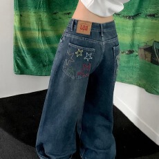 批发现一货  <b class='q'>韩国</b>chic刺绣贴布阔腿牛仔裤小众设计感<b class='q'>情侣</b><b class='q'>宽松</b>直筒裤子
