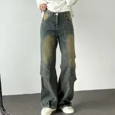 批发韩国chic复古做旧黄泥水洗牛仔裤女高街设计感拼接不规则拖地裤