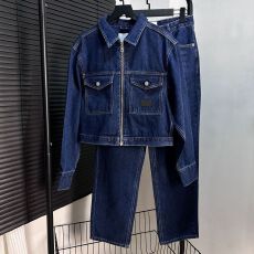 批发同款25春季女士拉链翻领短牛仔夹克套牛仔外套长裤套装