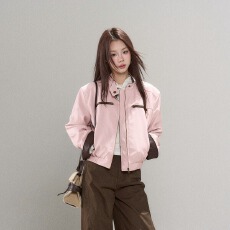 批发韩系甜美温柔风拼接撞色粉色皮衣<b class='q'>外套女</b>秋季新款休闲百搭立领夹克
