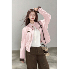 批发新款韩系设计感小众粉色皮衣<b class='q'>短</b>款<b class='q'>外套女</b>酷飒休闲时尚夹克上衣