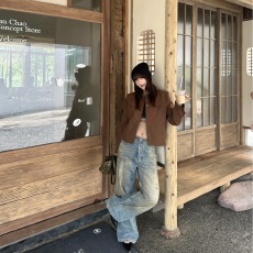 批发韩系复古棕色翻领短款外套女款早秋季小个子气质百搭休闲夹克上衣