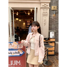 批发韩系短款长袖粉色廓形麂皮外套女秋季美式棒球服夹克显白上衣