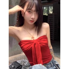 批发美式辣妹红色蝴蝶结抹胸吊带背心女夏季外穿无袖修身系带辣妹上衣