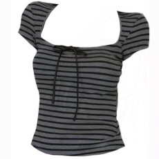 批发美式复古方领条纹<b class='q'>短袖</b>T恤女夏2025新款修身显瘦遮肉上衣