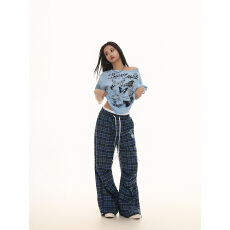 批发美式甜酷蝴蝶印花露肩<b class='q'>短袖</b>T恤女夏季宽松斜肩上衣半袖