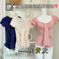 批发法式V领<b class='q'>短袖</b>t恤女夏季2025新款显身材掐腰辣妹修身纯欲设计感上衣